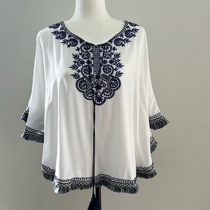 BoHo White Pancho Top with Navy Embroidery and Tassel Tie